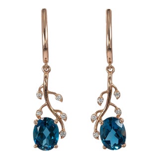 4.6Ct London Blue Topaz Stud Earrings With Earth-Mined Diamond Accents: 14k Gold, A Pair For Sale