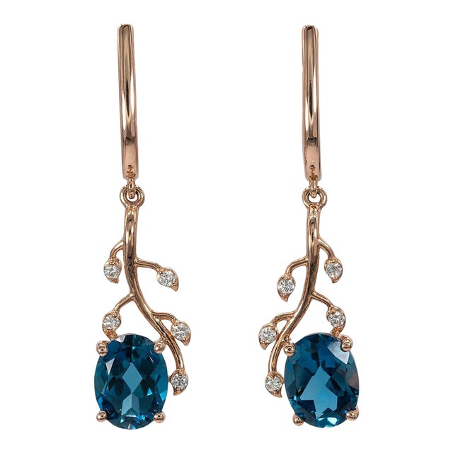 4.6Ct London Blue Topaz Stud Earrings With Earth-Mined Diamond Accents: 14k Gold, A Pair For Sale