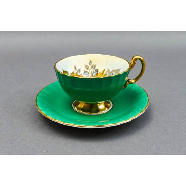Mid-Century Modern Anysley j.a. Bailey Signed Vintage Pink Cabbage Rose Green Gold Tea Cup & Saucer For Sale - Image 3 of 12