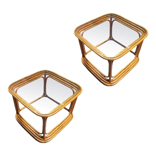 Mid 20th Century Restored Pair of 4-Strand Rattan Cubist Legs Coffee Table With Glass Tops For Sale