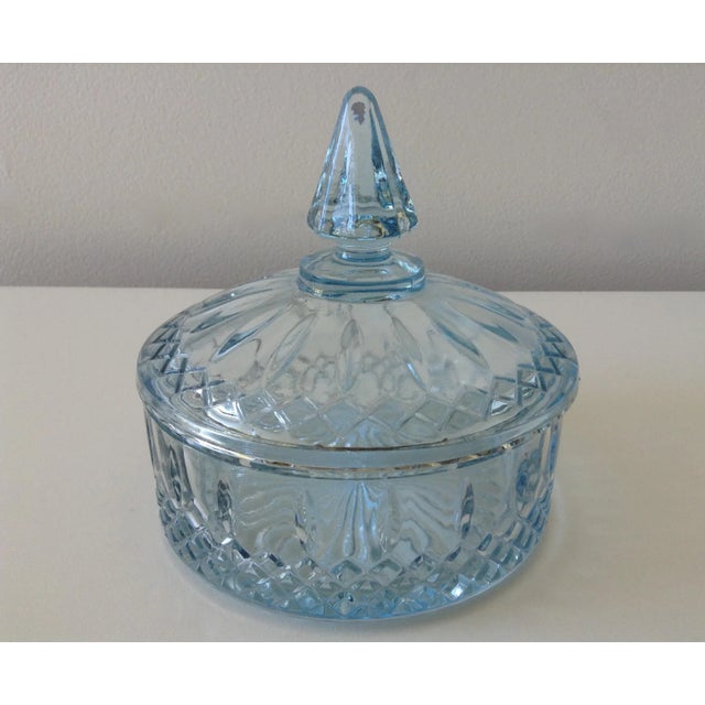 Vintage; 1960's soft blue glass faceted, lidded, vanity or keepsake trinket box. Domed, faceted lidded with a pointed,...