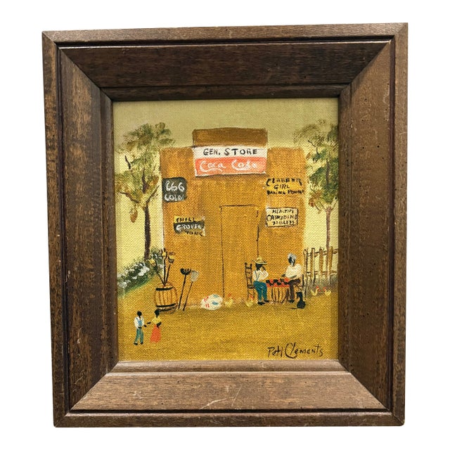 Vintage Peti Clements Original Outsider Painting of Rural Village Life, Framed For Sale