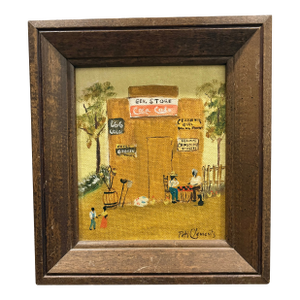 Vintage Peti Clements Original Outsider Painting of Rural Village Life, Framed
