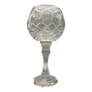 Vintage Polish 24% Lead Crystal Candle Holder Goblet Hand Cut Diamond Pattern 9" For Sale