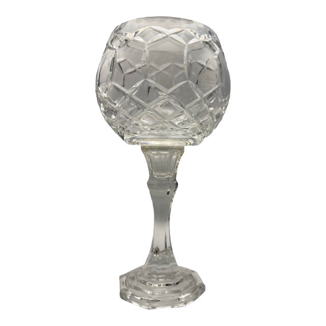 Vintage Polish 24% Lead Crystal Candle Holder Goblet Hand Cut Diamond Pattern 9" For Sale