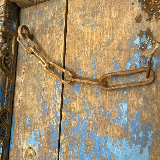 Blue Antique Hand Carved Weathered Indian Teak Palace Entrance Door For Sale - Image 8 of 12