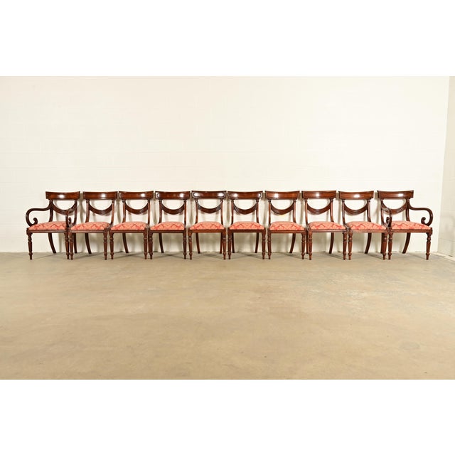 English Baker Furniture Style English Regency Carved Mahogany Dining Chairs, Set of Ten For Sale - Image 3 of 14