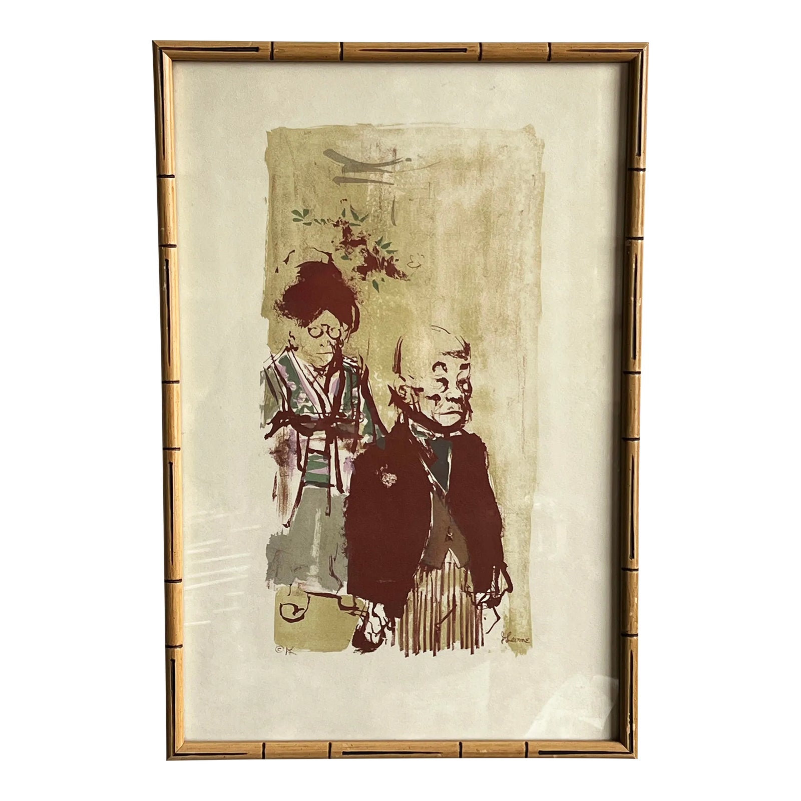 Vintage Japanese Couple Lithograph by Jack Levine