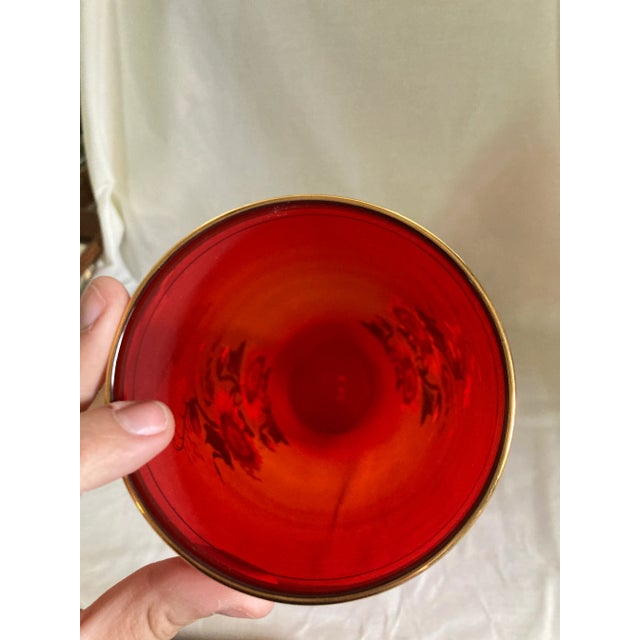 Vintage Norleans Red Hand Painted Cylinder Glass Vase Sunflower Floral Italy 22k Gold Accent For Sale - Image 11 of 13