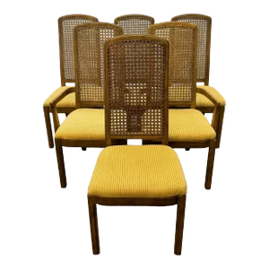 Vintage Thomasville Mid Century Style Oak & Woven Birdseye Cane Back Dining Chairs - Set of 6