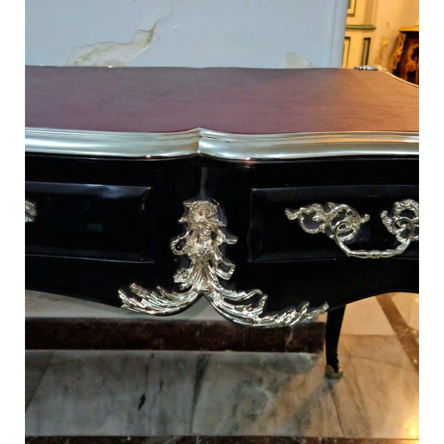 2010s French Louis XV Writing Desk With Burgundy Top & Ornate Bronze Mounts & Silver Leaf For Sale - Image 5 of 6