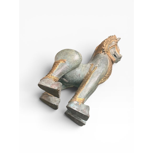Verdigris Vintage Thai Bronze Singha Guardian Lion Sculpture With Gilt Accents & Verdigris Patina, 16”h For Sale - Image 8 of 14