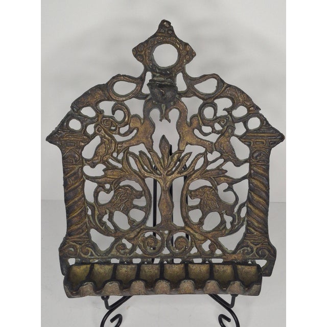 Antique 19thC Eastern European Brass Menorah Hanukkah Lamp Lions Tree of Life For Sale - Image 4 of 14