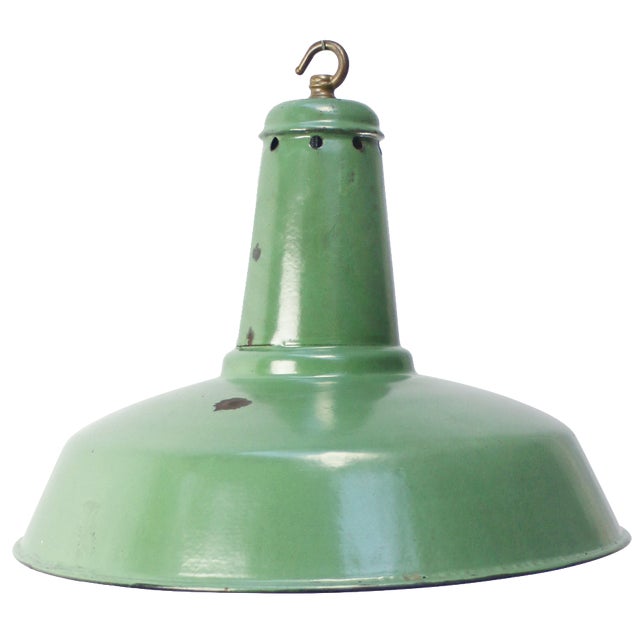 Vintage French Industrial Pendant Lights in Green Enamel For Sale