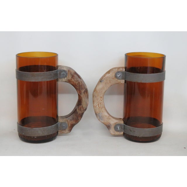 Amber Brown Glass With Wood Handle Beer Mug Set of Six 4661b For Sale - Image 4 of 18
