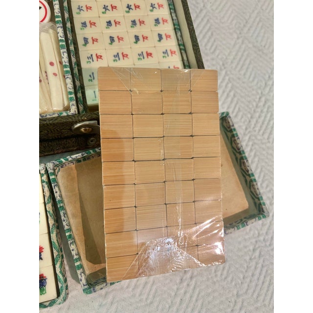 Vintage Chinese Bone & Bamboo Mah Jong Set in Silk Brocade Case With Original Booklet & Wrapped Tiles For Sale - Image 10 of 15
