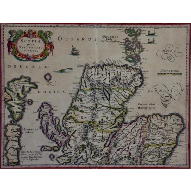 This is a framed hand-colored 17th century map of Northern Scotland by Gerard Mercator entitled "Scotiae pars...
