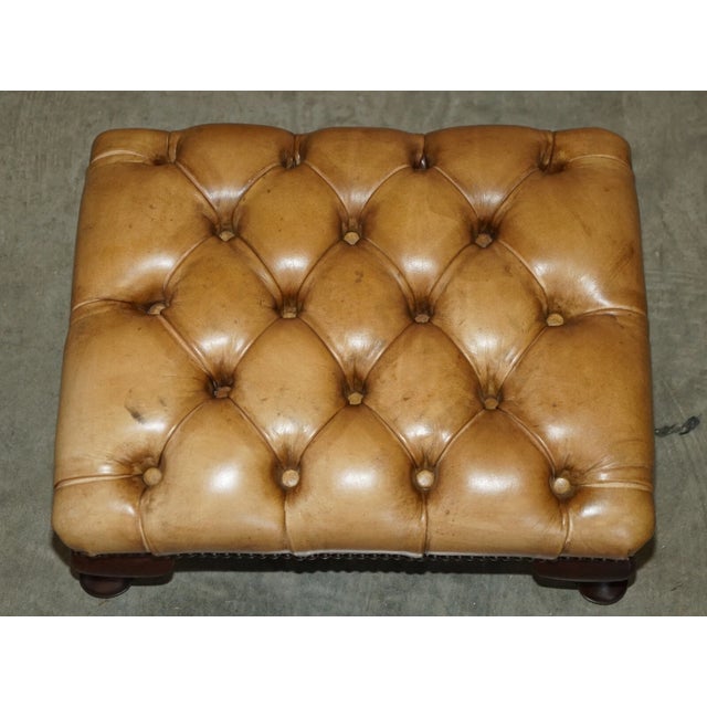 Pair of Vintage Tan Brown Leather Chesterfield Wingback Chairs With Footstools For Sale - Image 18 of 18