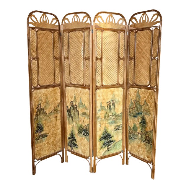 Sculptural Three-Panel Folding Screen Room Divider in Rattan and Wicker, 1960s For Sale