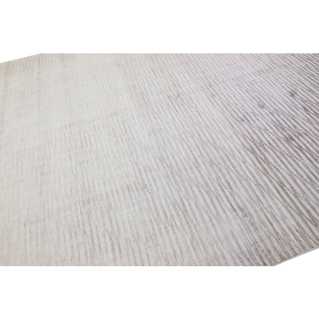 2010s Contemporary Handmade Wool & Silk Rug With Silver Gray Stripe Motif For Sale In New York - Image 6 of 7