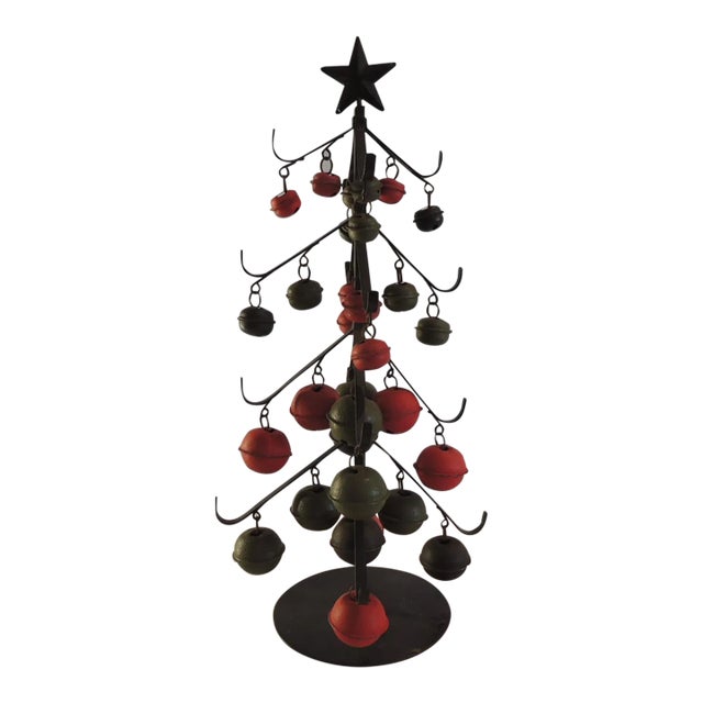 Vintage Arts and Crafts Style Metal Christmas Tree With Painted Tissabells Ornaments For Sale
