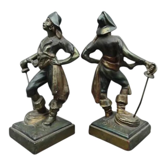 Early 20th Century Paul Herzel Polychrome Buccaneer Brass Bookends- a Pair For Sale