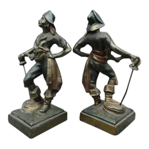 Early 20th Century Paul Herzel Polychrome Buccaneer Brass Bookends- a Pair