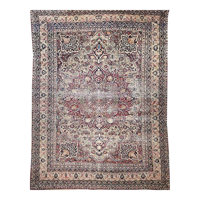19th Century Oversized Persian Kerman Lavar Rug, Hand-Knotted Wool, Floral Pattern, Ivory & Burgundy, 11x16 For Sale
