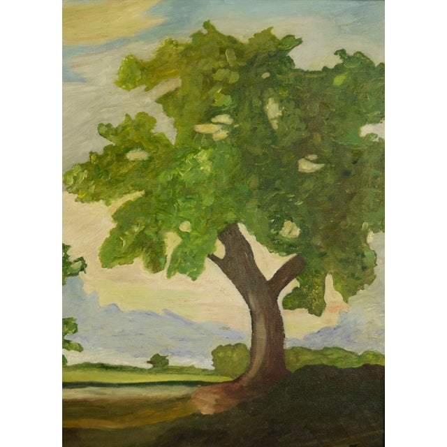 1940s 850 Oak Trees With Red Barn, Mid-Century Pastoral Summer Landscape For Sale - Image 5 of 8