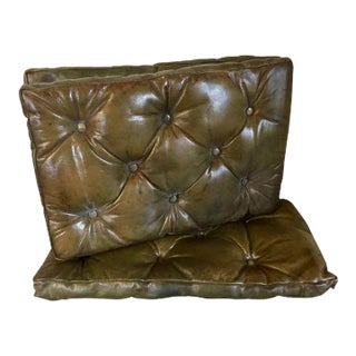 Antique Edwardian Button Tufted Leather Chesterfield Rectangular Cushions - Set of 3 For Sale