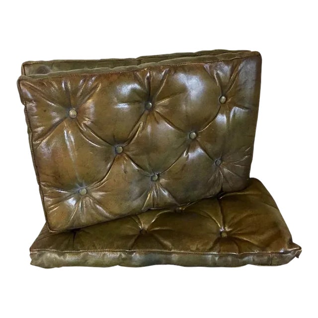 Antique Edwardian Button Tufted Leather Chesterfield Rectangular Cushions - Set of 3 For Sale