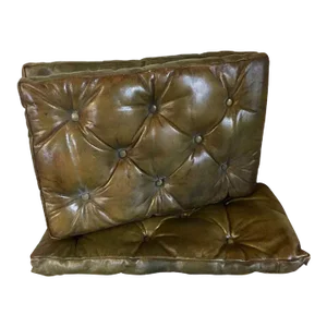 Antique Edwardian Button Tufted Leather Chesterfield Rectangular Cushions - Set of 3