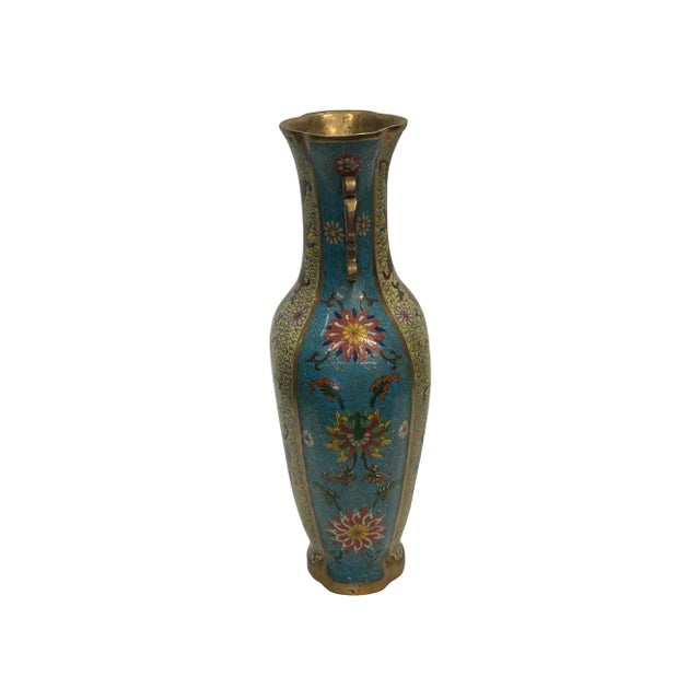 Vintage Cloisonné Vase Dragon Handles and Chinese Floral Motifs For Sale - Image 4 of 13