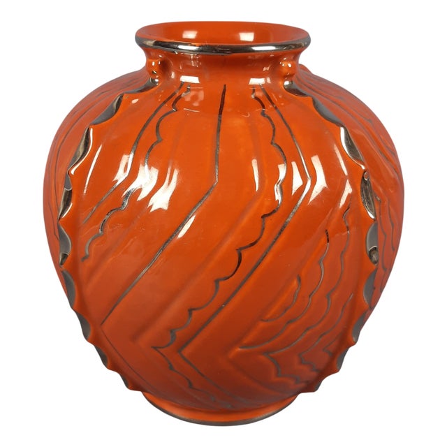 Futurist Art Deco Style Orange and Silver Ceramic Vase by Gualdo Tadino for Robbia, 1960s For Sale