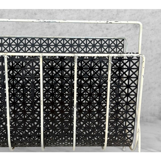 Mid-Century White & Black Wrought Iron Pierced Mesh Magazine Record Stand For Sale - Image 9 of 10