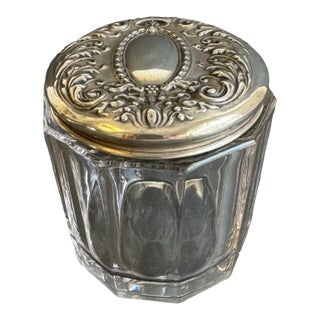 Sterling Silver Vanity Jar Victorian Glass Dresser Jar With Repousse Lid For Sale