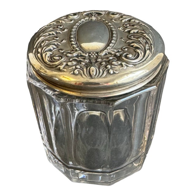 Sterling Silver Vanity Jar Victorian Glass Dresser Jar With Repousse Lid For Sale