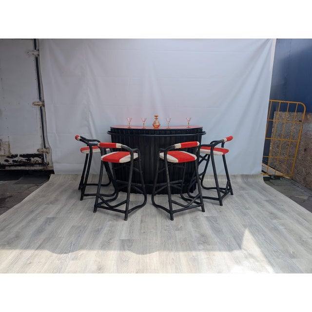Vintage French Tropical Bamboo Cocktail Bar with Chairs, 1960s, Set of 5 For Sale - Image 3 of 16