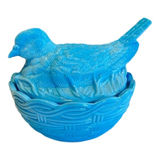 Vintage Bird on Nest-Light Blue Milk Glass Candy Dish For Sale