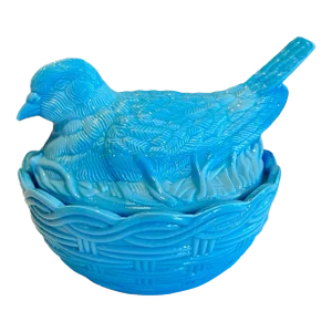Vintage Heisey Bird on Nest-Light Blue Milk Glass Candy Dish