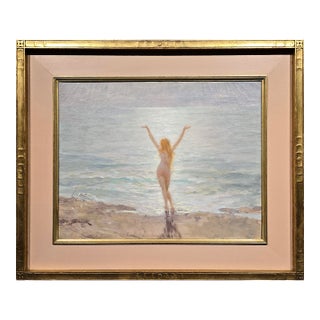 Joseph Tomanek–Nude Nymph Greeting the Sea –1920s American Impressionist Oil Painting For Sale