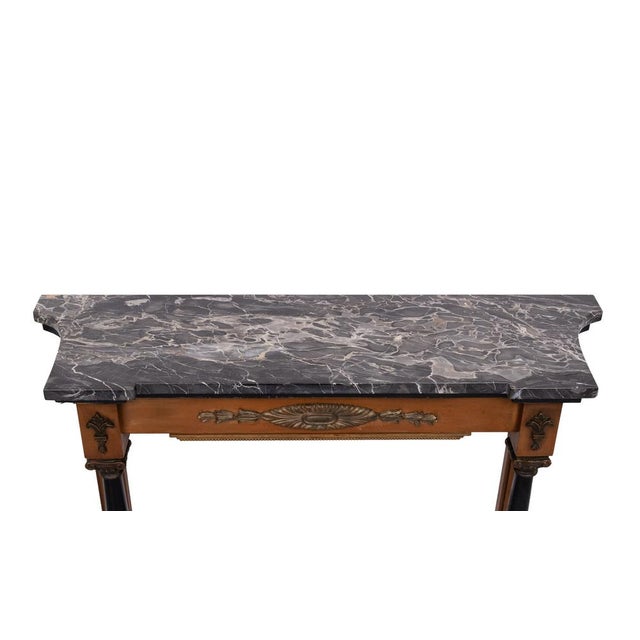 Very nice elegant Italian Console Table , Black Marble top . Decorated with all kind of ornate symbols, capitals....