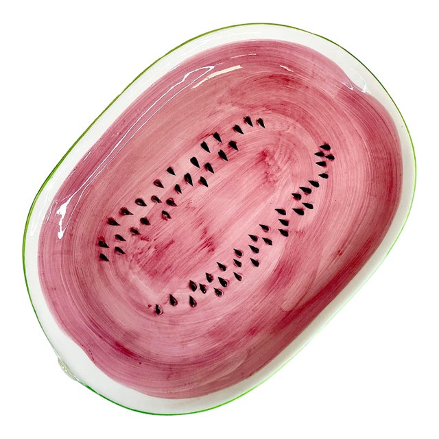 1980s Vintage Americana Boho Chic Arts & Crafts Hand-Painted Ceramic Watermelon Platter. For Sale