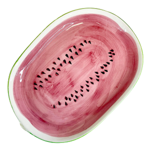 1980s Vintage Americana Boho Chic Arts & Crafts Hand-Painted Ceramic Watermelon Platter.