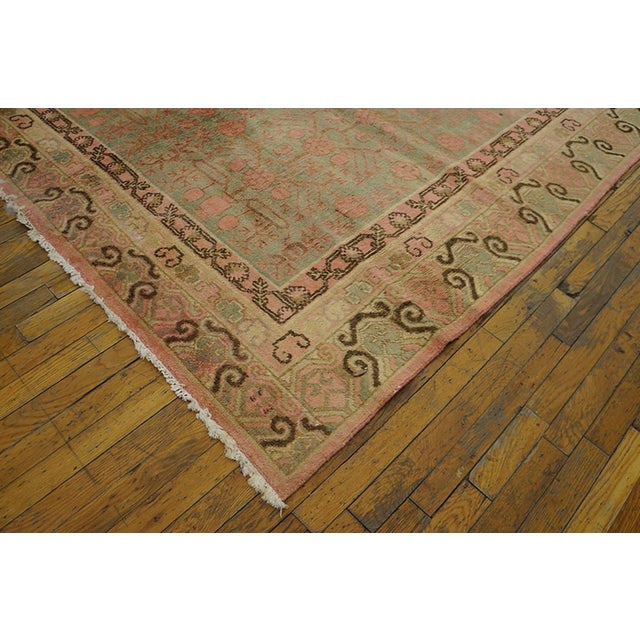 Early 20th Century 1930s Turquiose Rose Geometric Antique Chinese Khotan Rug 6' 2" X 12' 2" Handknotted Wool Carpet For Sale - Image 5 of 5