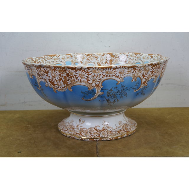 Royal Blue Antique English Royal Furnivals Porcelain Lobed Daisy Centerpiece Punch Bowl For Sale - Image 8 of 16