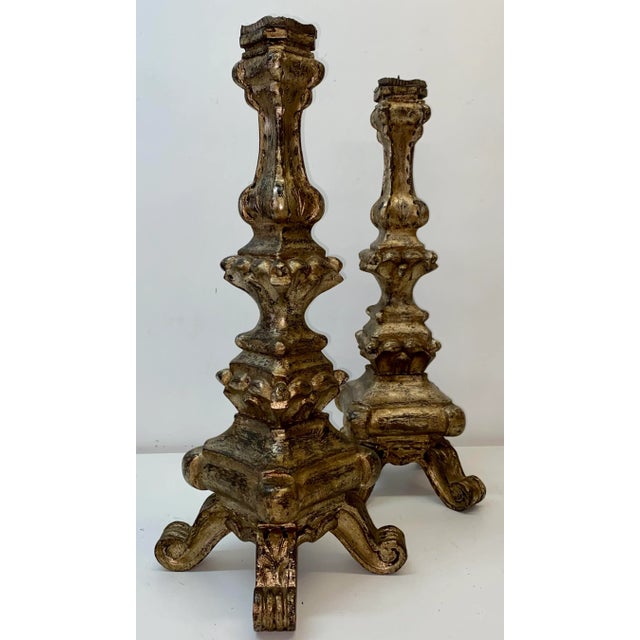 Pair Mid 20th Century Venetian Style Carved Silver Tone Gilt Wood Prickets Beautifully hand carved candle holders Gilt...