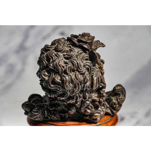 Bronze Classic Antique Bronze Cherub Bust Sculpture on Wood Pedestal Edwardian Putti Figure For Sale - Image 8 of 11