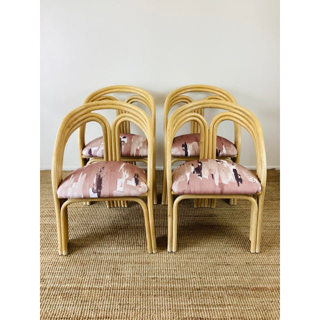 Vintage 1980s Rattan Dining Chairs curved bent wood backs made of rattan in natural color mauve / blush & white upholstery...