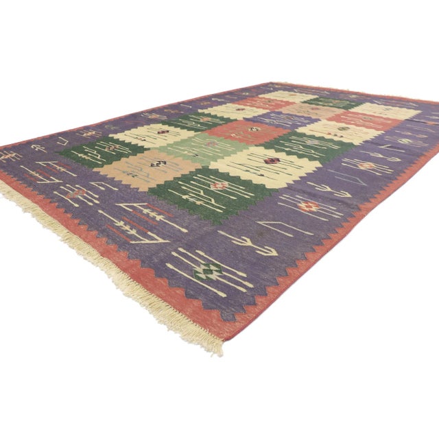 77936 Vintage Romanian Kilim Rug with Folk Art Style 06'00 x 08'11. With its effortless beauty and timeless style, this...